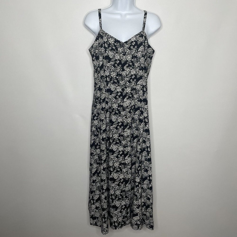 Vintage 90s Jessica Stevens Black White Floral Button Front Midi Sundress